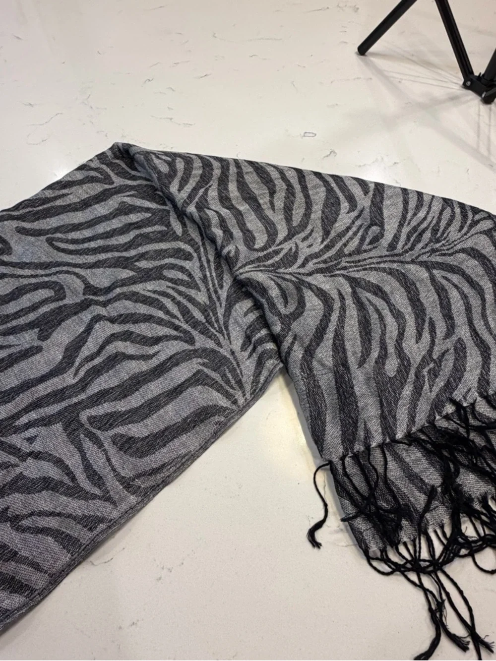 Zebra Print Fringe Scarf - Gray and Black